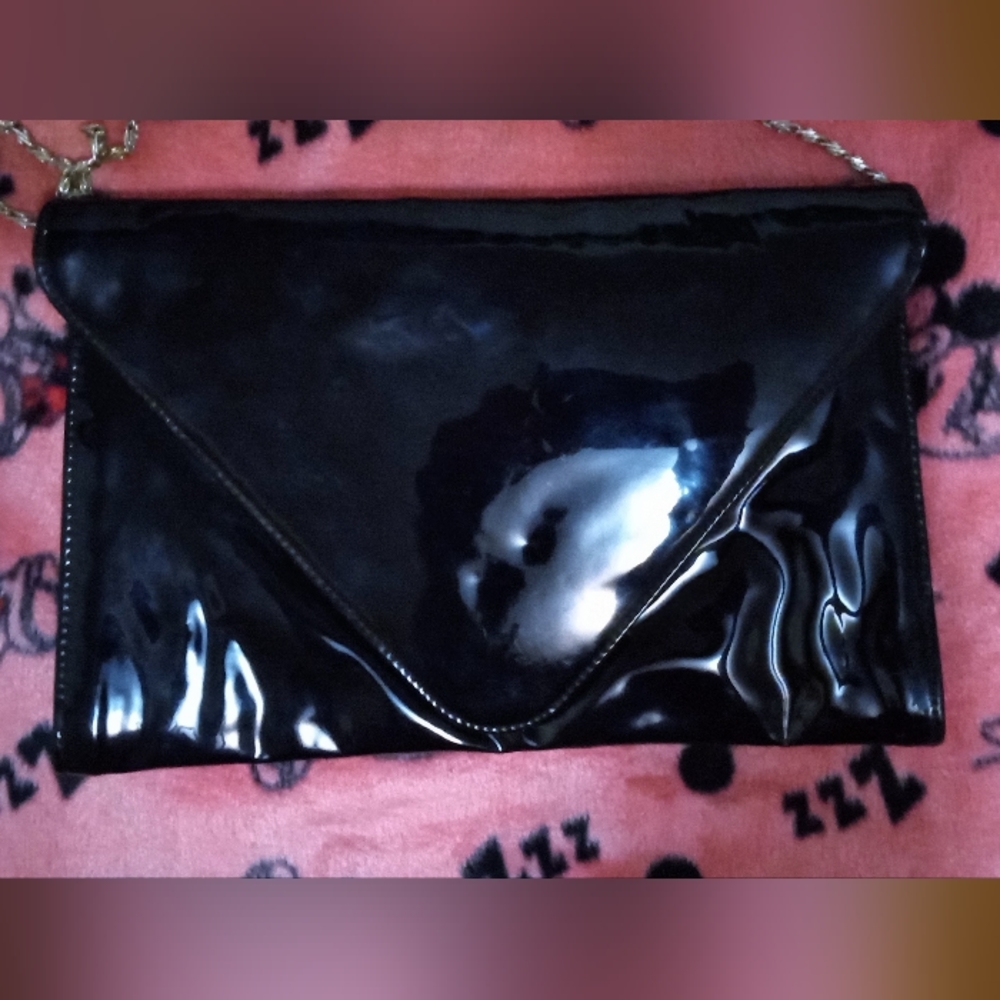 Vintage 80’s Ande Envelope Clutch Shoulder Handbag Chain Black Patent Le…